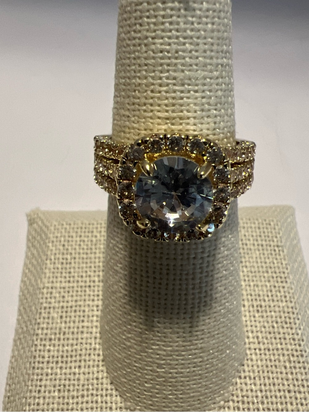 Gold Halo Ring with Clear Center Stone wide band size 7